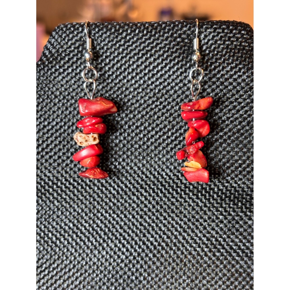 Red Coral Chip Drop Earrings Silver Tone Fishhook Boho Artisan Dangle Jewelry